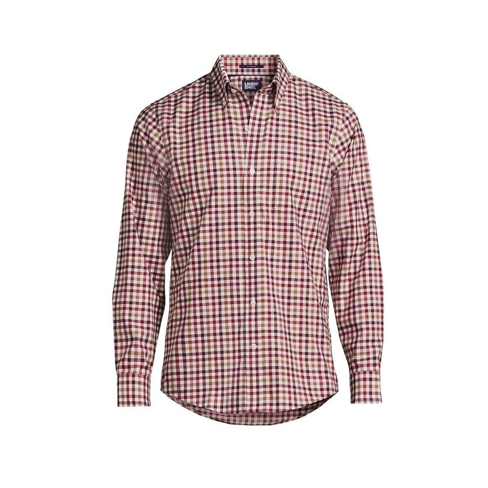 Lands End Men's M Button Down Plaid Twill Shirt Red & Gold Traditional Fit